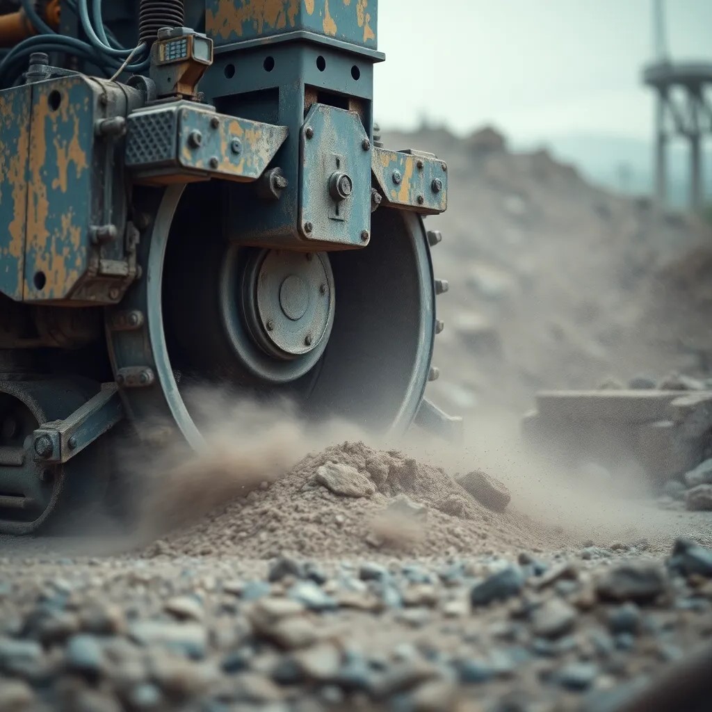 Close up of a mining machine cutting concrete with dust rising